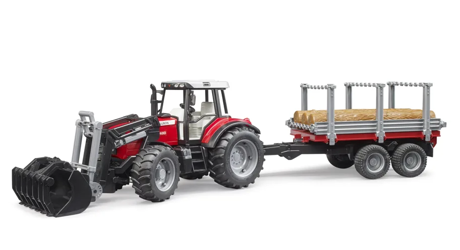 Bruder Massey Ferguson 7480 mit Frontlader. Bruder Holztransportanhänger und 3 Baumstämmen