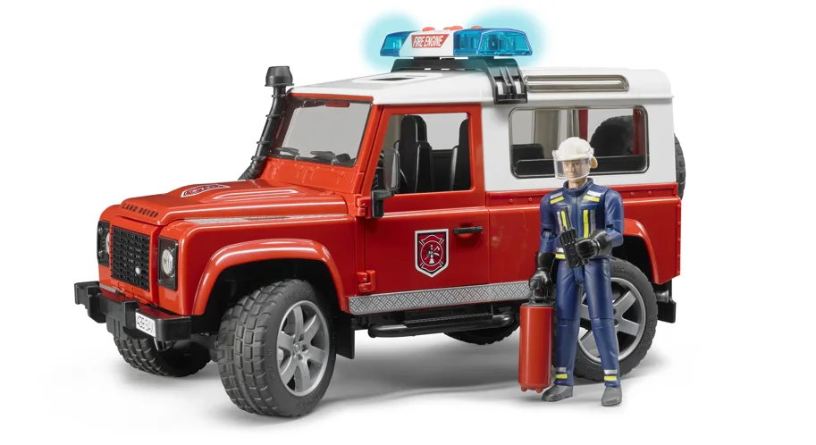 Bruder Land Rover Defender Station Wagon Feuerwehr-Einsatzfahrzeug mit Feuerwehrmann inkl. Feuerlöscher